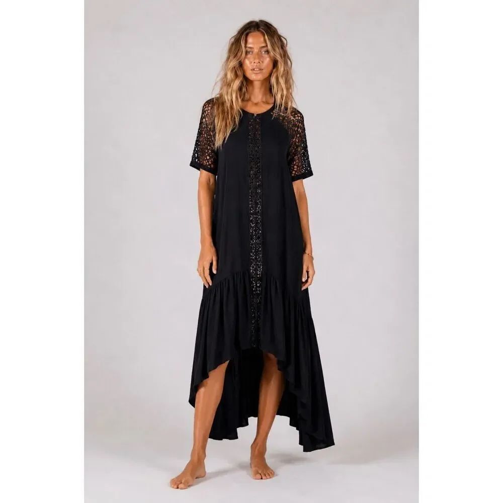 Three Of Something Parallax Hi Lo Dress Black Lace Crochet Midi Small